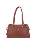 Leather handbag featuring three sections.