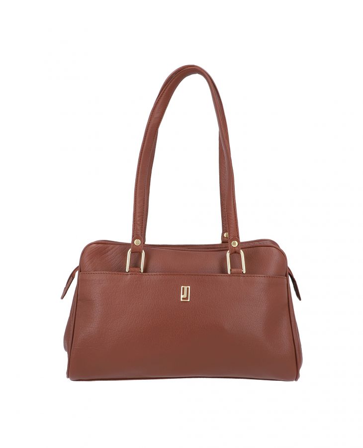 Leather handbag featuring three sections.
