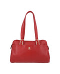 Leather handbag featuring three sections.