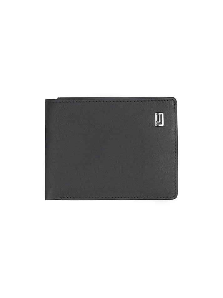 Leather wallet with metallic logo.