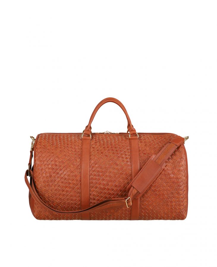 Compact woven leather travel bag with organized compartments and versatile design